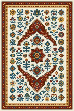 Halk sanatından esinlenilmiş İran halısı modern desenli yüksek çözünürlüklü beyaz tuval üzerinde izole edilmiş renkler