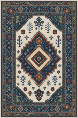 Halk sanatından esinlenilmiş İran halısı modern desenli yüksek çözünürlüklü beyaz tuval üzerinde izole edilmiş renkler