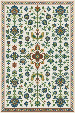 Halk sanatından esinlenilmiş İran halısı modern desenli yüksek çözünürlüklü beyaz tuval üzerinde izole edilmiş renkler