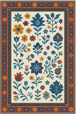 Halk sanatından esinlenilmiş İran halısı modern desenli yüksek çözünürlüklü beyaz tuval üzerinde izole edilmiş renkler