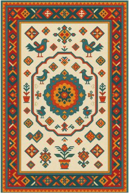 Halk sanatından esinlenilmiş İran halısı modern desenli yüksek çözünürlüklü beyaz tuval üzerinde izole edilmiş renkler