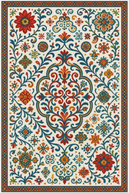 Halk sanatından esinlenilmiş İran halısı modern desenli yüksek çözünürlüklü beyaz tuval üzerinde izole edilmiş renkler