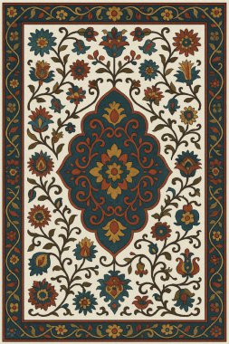 Halk sanatından esinlenilmiş İran halısı modern desenli yüksek çözünürlüklü beyaz tuval üzerinde izole edilmiş renkler