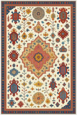 Halk sanatından esinlenilmiş İran halısı modern desenli yüksek çözünürlüklü beyaz tuval üzerinde izole edilmiş renkler