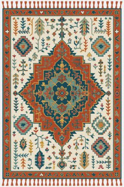 Halk sanatından esinlenilmiş İran halısı modern desenli yüksek çözünürlüklü beyaz tuval üzerinde izole edilmiş renkler