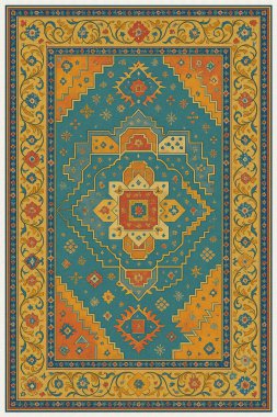 Halk sanatından esinlenilmiş İran halısı modern desenli yüksek çözünürlüklü beyaz tuval üzerinde izole edilmiş renkler