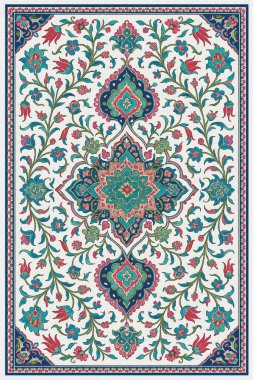 Halk sanatından esinlenilmiş İran halısı modern desenli yüksek çözünürlüklü beyaz tuval üzerinde izole edilmiş renkler