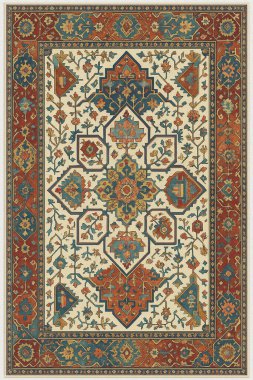 Halk sanatından esinlenilmiş İran halısı modern desenli yüksek çözünürlüklü beyaz tuval üzerinde izole edilmiş renkler