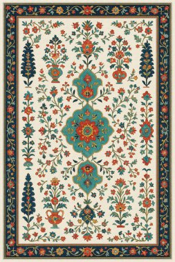 Halk sanatından esinlenilmiş İran halısı modern desenli yüksek çözünürlüklü beyaz tuval üzerinde izole edilmiş renkler