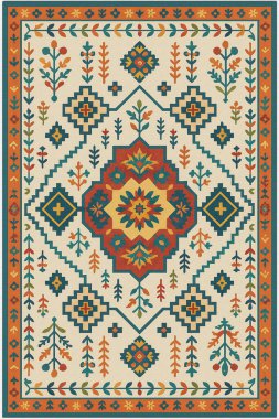 Halk sanatından esinlenilmiş İran halısı modern desenli yüksek çözünürlüklü beyaz tuval üzerinde izole edilmiş renkler