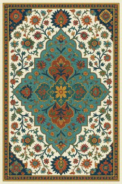 Halk sanatından esinlenilmiş İran halısı modern desenli yüksek çözünürlüklü beyaz tuval üzerinde izole edilmiş renkler