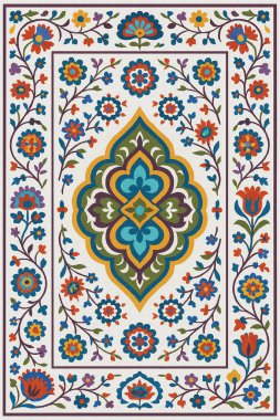 Halk sanatından esinlenilmiş İran halısı modern desenli yüksek çözünürlüklü beyaz tuval üzerinde izole edilmiş renkler