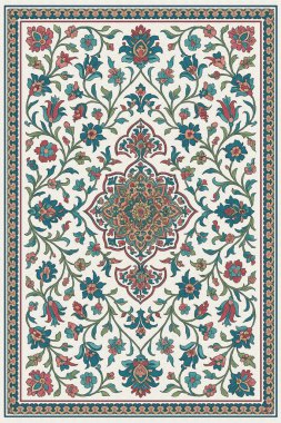 Halk sanatından esinlenilmiş İran halısı modern desenli yüksek çözünürlüklü beyaz tuval üzerinde izole edilmiş renkler