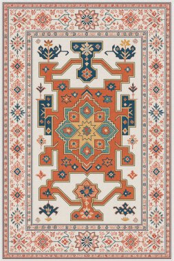 Halk sanatından esinlenilmiş İran halısı modern desenli yüksek çözünürlüklü beyaz tuval üzerinde izole edilmiş renkler