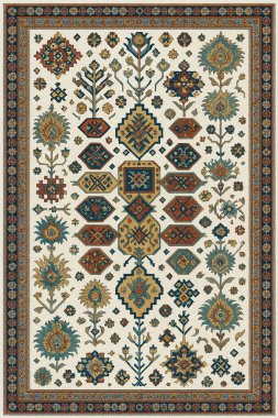 Halk sanatından esinlenilmiş İran halısı modern desenli yüksek çözünürlüklü beyaz tuval üzerinde izole edilmiş renkler