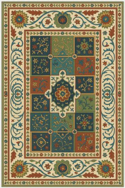 Halk sanatından esinlenilmiş İran halısı modern desenli yüksek çözünürlüklü beyaz tuval üzerinde izole edilmiş renkler