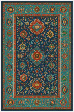 Halk sanatından esinlenilmiş İran halısı modern desenli yüksek çözünürlüklü beyaz tuval üzerinde izole edilmiş renkler