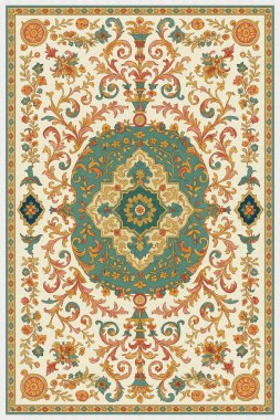 Halk sanatından esinlenilmiş İran halısı modern desenli yüksek çözünürlüklü beyaz tuval üzerinde izole edilmiş renkler