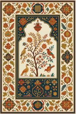 Halk sanatından esinlenilmiş İran halısı modern desenli yüksek çözünürlüklü beyaz tuval üzerinde izole edilmiş renkler