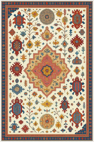 Halk sanatından esinlenilmiş İran halısı modern desenli yüksek çözünürlüklü beyaz tuval üzerinde izole edilmiş renkler