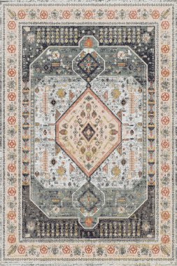 Halk sanatından esinlenilmiş İran halısı modern desenli yüksek çözünürlüklü beyaz tuval üzerinde izole edilmiş renkler