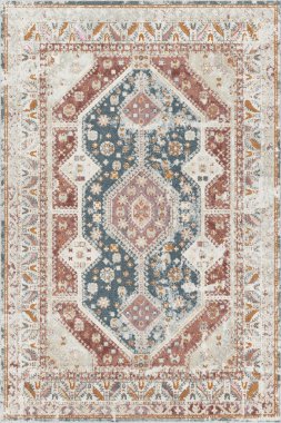 Halk sanatından esinlenilmiş İran halısı modern desenli yüksek çözünürlüklü beyaz tuval üzerinde izole edilmiş renkler