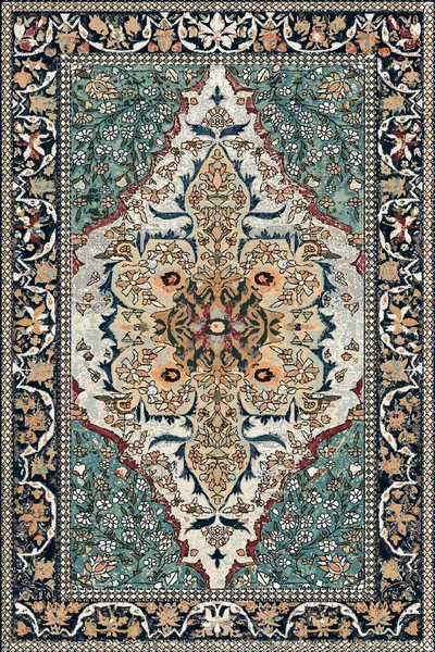 Halk sanatından esinlenilmiş İran halısı modern desenli yüksek çözünürlüklü beyaz tuval üzerinde izole edilmiş renkler