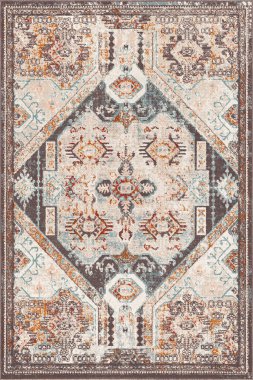 Orijinal Pers folk tarzı halı tasarımı ve grunge desenli illüstrasyon 