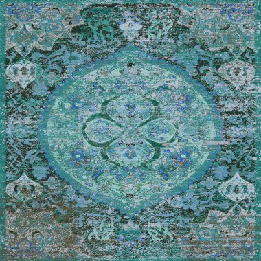 Orijinal Pers folk tarzı halı tasarımı ve grunge desenli illüstrasyon 