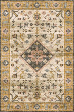 Orijinal Pers folk tarzı halı tasarımı ve grunge desenli illüstrasyon 