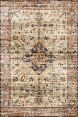 Orijinal Pers folk tarzı halı tasarımı ve grunge desenli illüstrasyon 