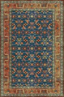 Orijinal Pers folk tarzı halı tasarımı ve grunge desenli illüstrasyon 