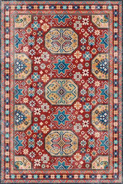 Orijinal Pers folk tarzı halı tasarımı ve grunge desenli illüstrasyon 