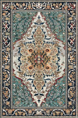 Orijinal Pers folk tarzı halı tasarımı ve grunge desenli illüstrasyon 