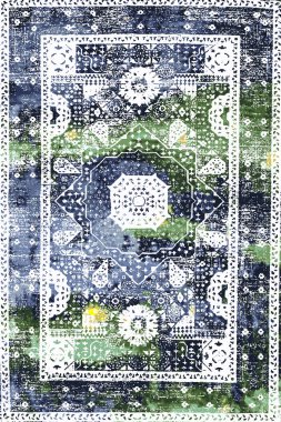 Orijinal Pers folk tarzı halı tasarımı ve grunge desenli illüstrasyon 