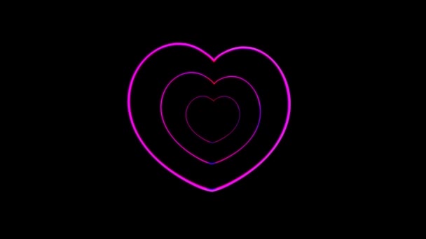Абстрактная Графика Движения Красочных Светящихся Неоновых Сердец Черном Фоне — стоковое видео