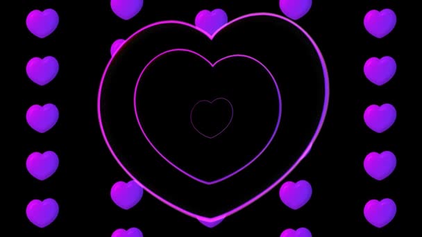 Abstrakte Bewegungsgrafik Von Bunten Leuchtenden Neonfarbenen Herzen Auf Schwarzem Hintergrund — Stockvideo