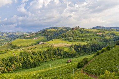 Castiglione Falletto (Piedmont, Kuzey İtalya) dedikodu bölge Langhe, UNESCO tarafından beri 2014 yılında çevresinde üzüm bağları bahar Panoraması.