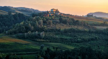 Üzüm bağları, Langhe (Piedmont bölgesi, Kuzey İtalya); dedikodu bölgesinin kapsadığı tepelerin üstünde günbatımı Panoraması Langhe, Roero ve Moferrato dedikodu bölgeleri Unesco Dünya Mirasları 2014 yılından bu yana vardır..