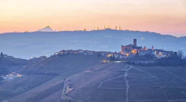 Winter Panorama Hilly Winery Region Langhe Piedmont Northern Italy Village — Stock Photo, Image