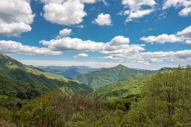 Monte Chiappo zirvesinde panoramik görünüm, Liguria, Piedmont ve Emilia Romagna (Kuzey Italya) sınırlarında küçük bir dağ. Oltrepo Pavese 'nin tepelik bölgesinde yer alan, zirvede belli günlerde Ligurya Denizi görünür.