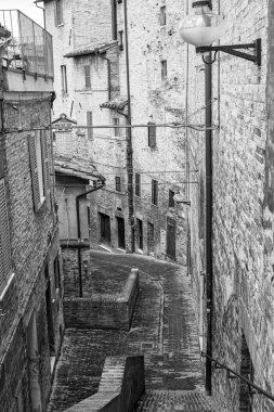 Urbino, Marche Bölgesi, İtalya ortaçağ kenti eski şehir merkezi görünümü. Siyah beyaz fotoğraf.