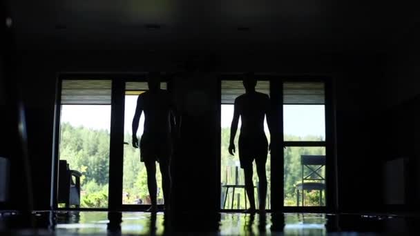 Two Men Standing Indoors Summer Terrace Swimming Pool Ready Swim — Stock Video