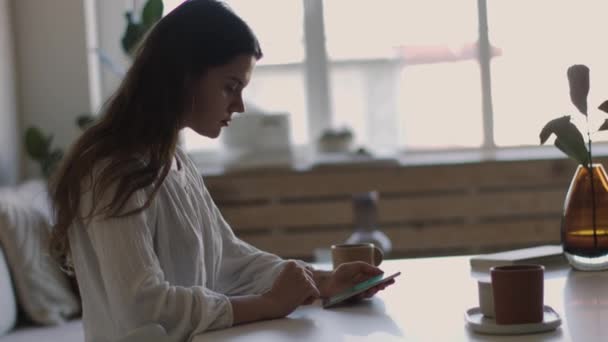 优雅的女孩拿着智能手机坐在室内咖啡馆背光4K侧视图 年轻女子在咖啡打破自然光舒适内部打字手机的肖像 现代技术社交网络 — 图库视频影像