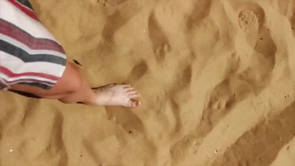 Top View Faceless Female Legs Barefoot Walking Sandy Beach Sunny — Stock Video