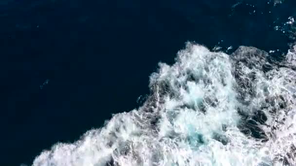 海面の上を飛ぶクワッドコプターは深い青色の水を波打つ 明るい白い泡で海の海岸線のトップダウン水平トラッキングショットは テキストを飛び散らします 旅行休暇夏の観光コンセプト — ストック動画