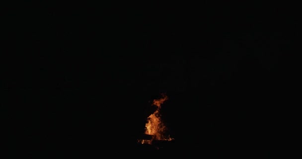 在黑暗的背景的壁炉中燃烧木材 前视图火焰火焰灯在黑色夜拷贝空间文本慢动作中闪闪发光 舒适的冬季温暖能量 放松对大自然的冥想 — 图库视频影像