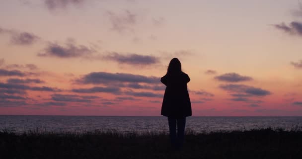 日没時に海のそばに立つ女性のシルエットは 長い髪のコピー空間スローモーションをなでる 太陽を沈め 地平線にバックライトを探している認識できない女の子 孤独な友情の概念 — ストック動画