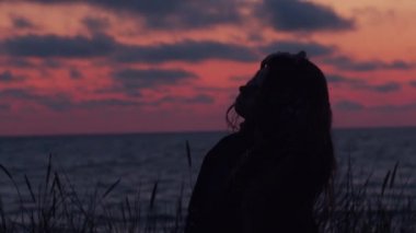 Seksi kız deniz günbatımı gökyüzü arka plan yavaş hareket ile hayatın tadını uzun saç okşayarak. Sahil akşamı renkli ışık el cihazı saç modeli sallayarak arkadan aydınlatmalı kadın. Mutlu yaşam tarzı duygusallık