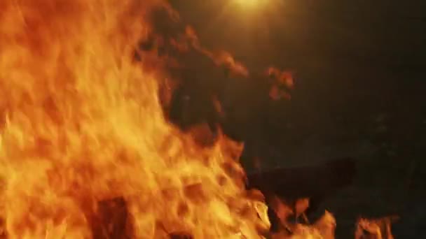 森の中の夜に燃える丸太の大きなキャンプファイヤー 煙で夜に明るく燃える大きな火災スローモーションを閉じます 炎の赤い炎が炎のライフをテーマに赤く光る背景を登る — ストック動画